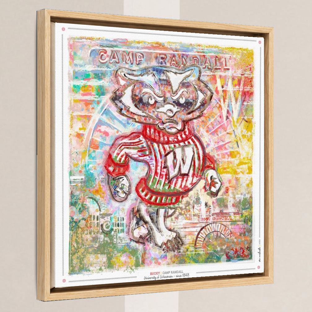 UW Bucky Badger Camp Abstract Art: Wisconsin Canvas Print in a light oak float frame