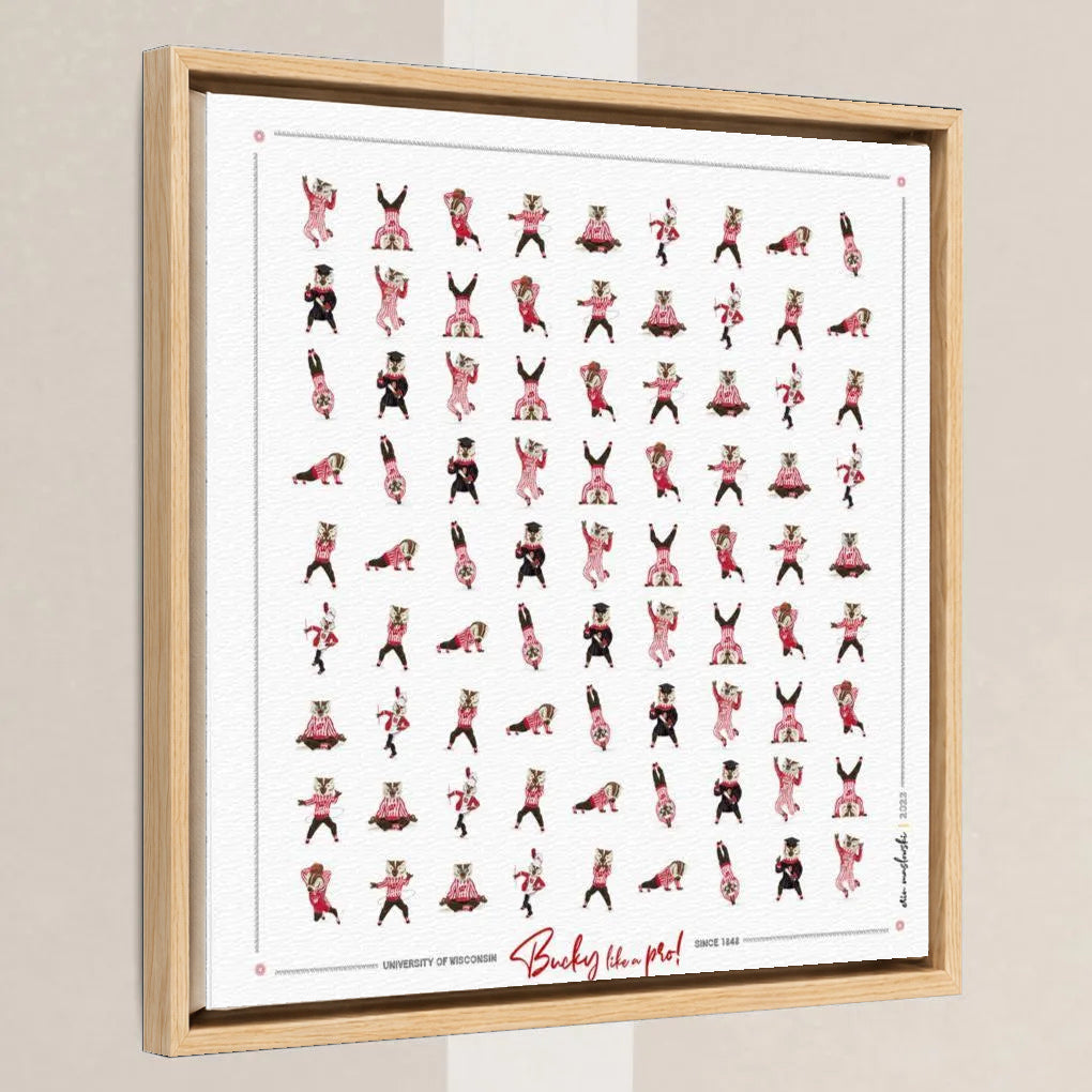 Bucky Badger Pattern Art: Wisconsin Mascot Moves Canvas Print in a light oak float frame