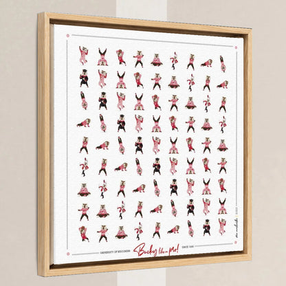 Bucky Badger Pattern Art: Wisconsin Mascot Moves Canvas Print in a light oak float frame