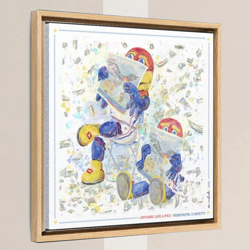 KU Jayhawk Newspaper Confetti Art: Kansas University Canvas Print in a light oak float frame