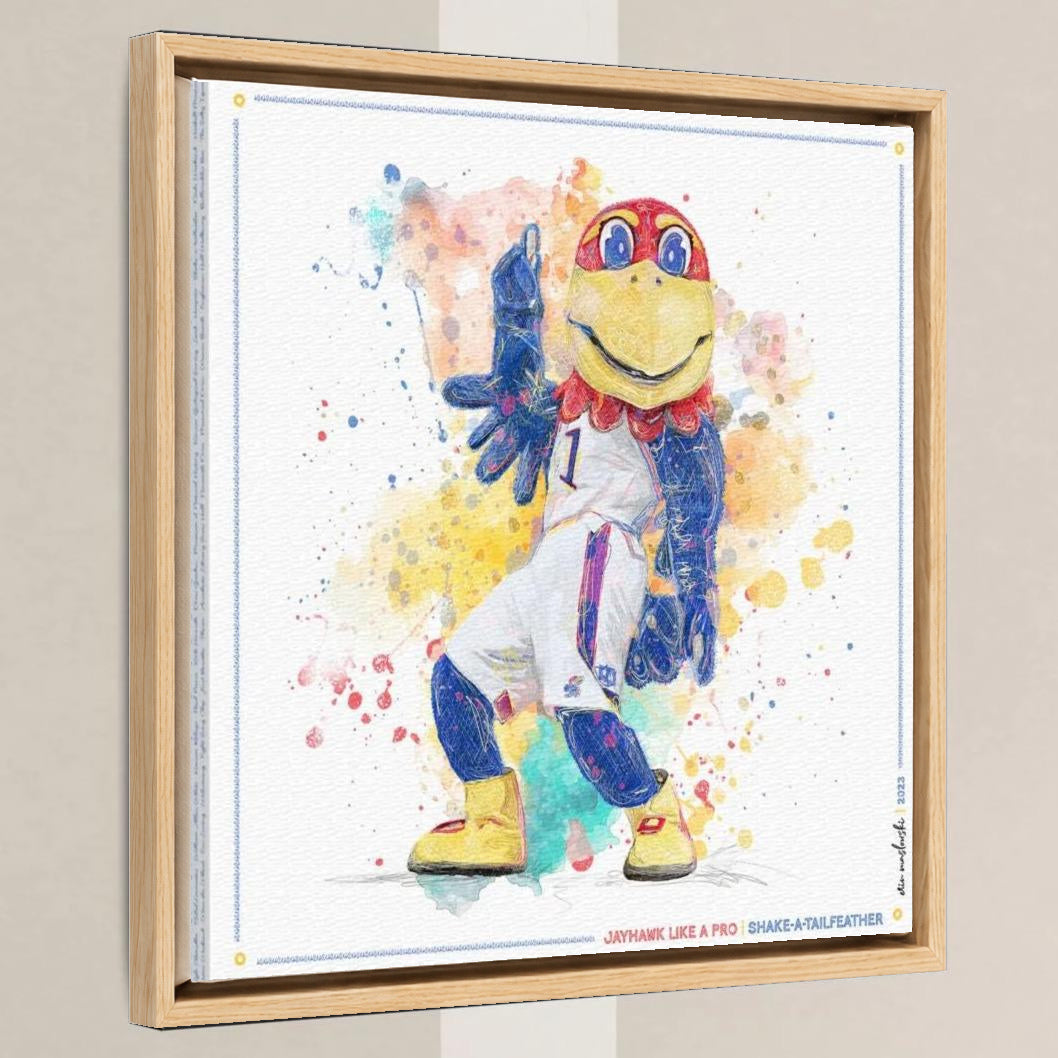 KU Jayhawk Shake-a-Tailfeather Art: University of Kansas Dance Splatter Canvas Print in a light oak float frame