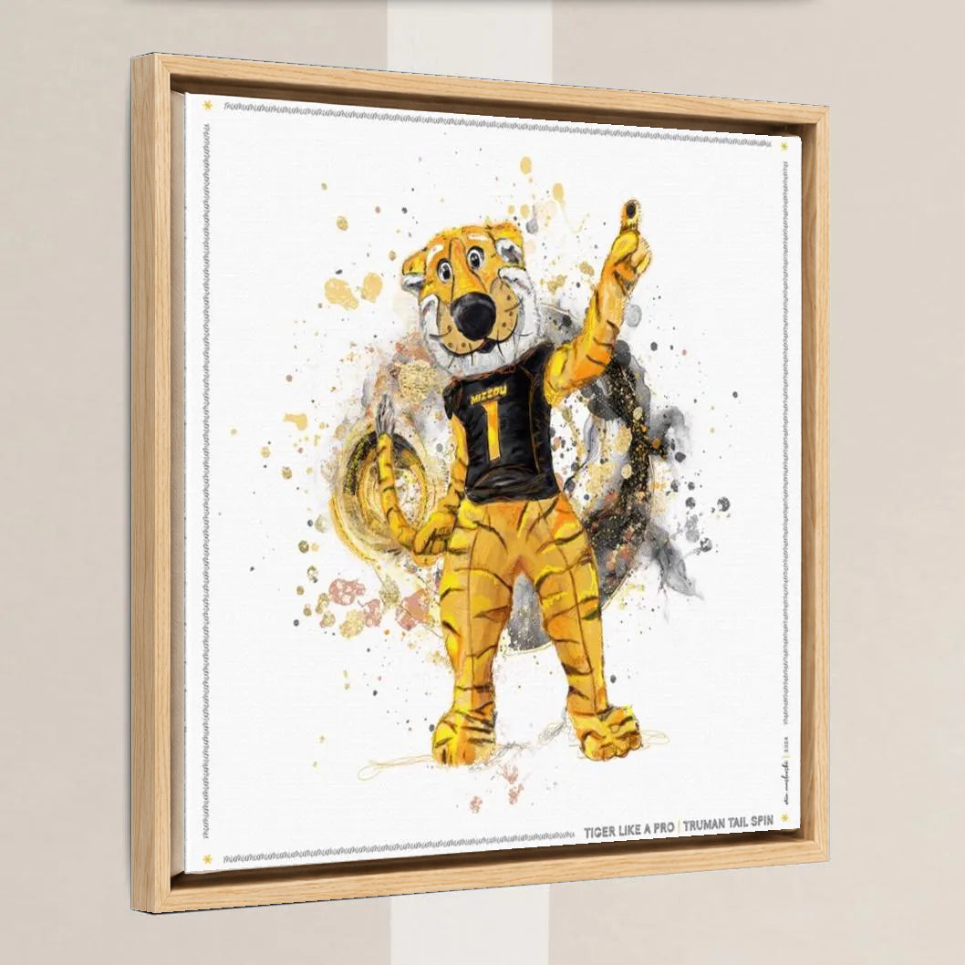 MU Mizzou Truman the Tiger Tail Art: University of Missouri Splatter Paint Canvas Print in a light oak float frame