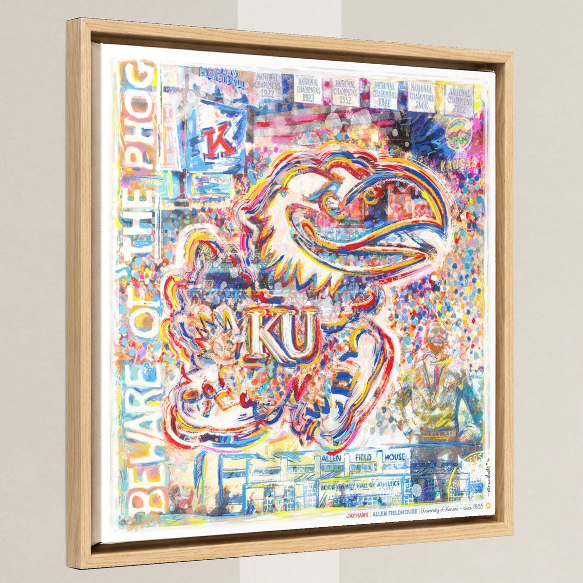 KU Jayhawk Allen Fieldhouse Art: University of Kansas Canvas Print in a light oak float frame