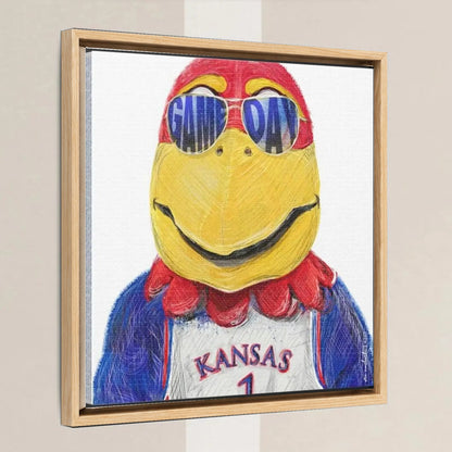 KU Jayhawk Game Day Art: University of Kansas Sunglasses Canvas Print in a light oak float frame