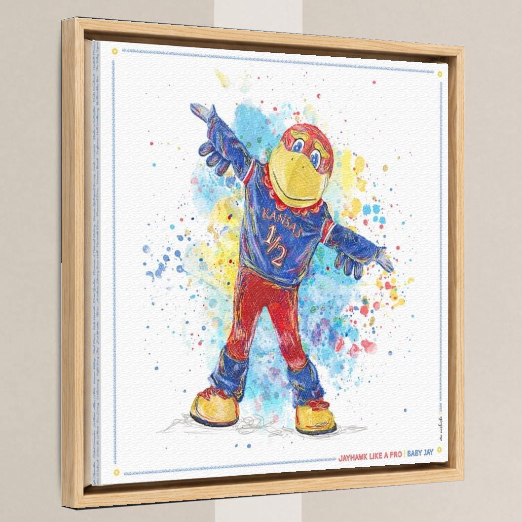 KU Jayhawk Baby Jay Art: University of Kansas Canvas Print in a light oak float frame