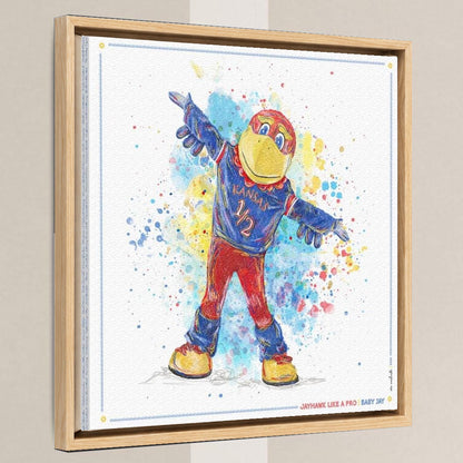 KU Jayhawk Baby Jay Art: University of Kansas Canvas Print in a light oak float frame