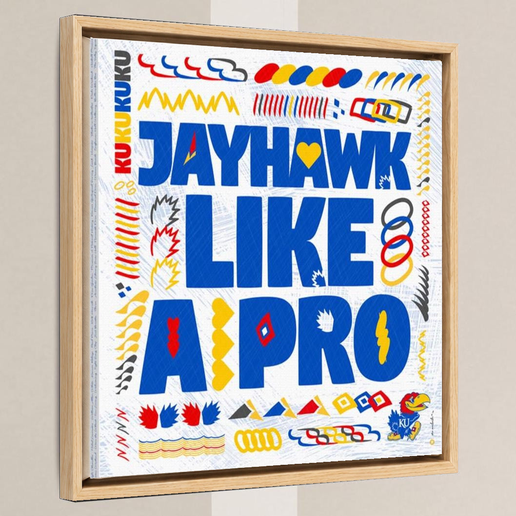 KU Jayhawk like a Pro Word Art: Kansas Canvas Print in a light oak float frame