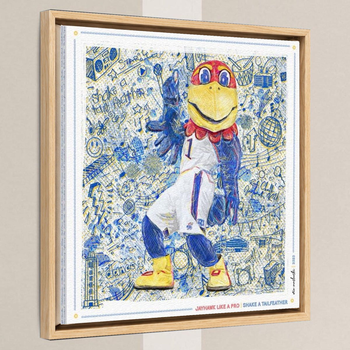 KU Jayhawk Shake-a-Tailfeather Art: University of Kansas Dance Sketches Canvas Print in a light oak float frame