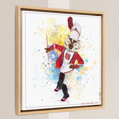 UW Bucky Badger Drum Major Art: Wisconsin Lead Canvas Print in a light oak float frame