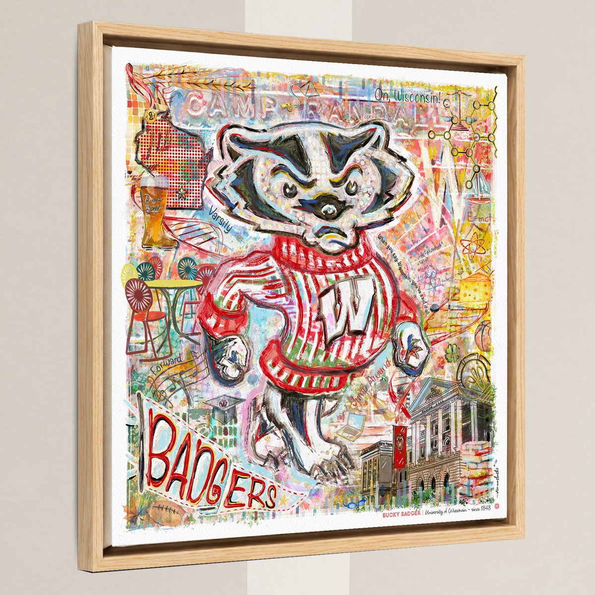 UW Bucky Badger Campus Art: Wisconsin Camp Randall Canvas Print in a light oak float frame