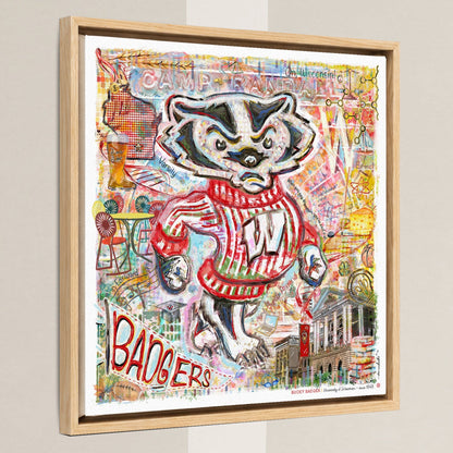 UW Bucky Badger Campus Art: Wisconsin Camp Randall Canvas Print in a light oak float frame