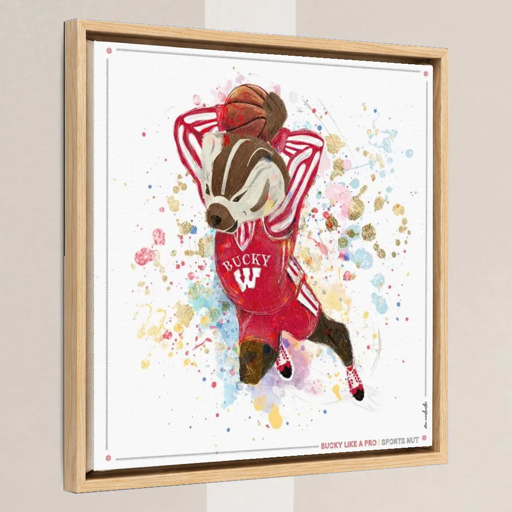 UW Bucky Badger Basketball Art: Wisconsin Sports Nut Canvas Print in a light oak float frame