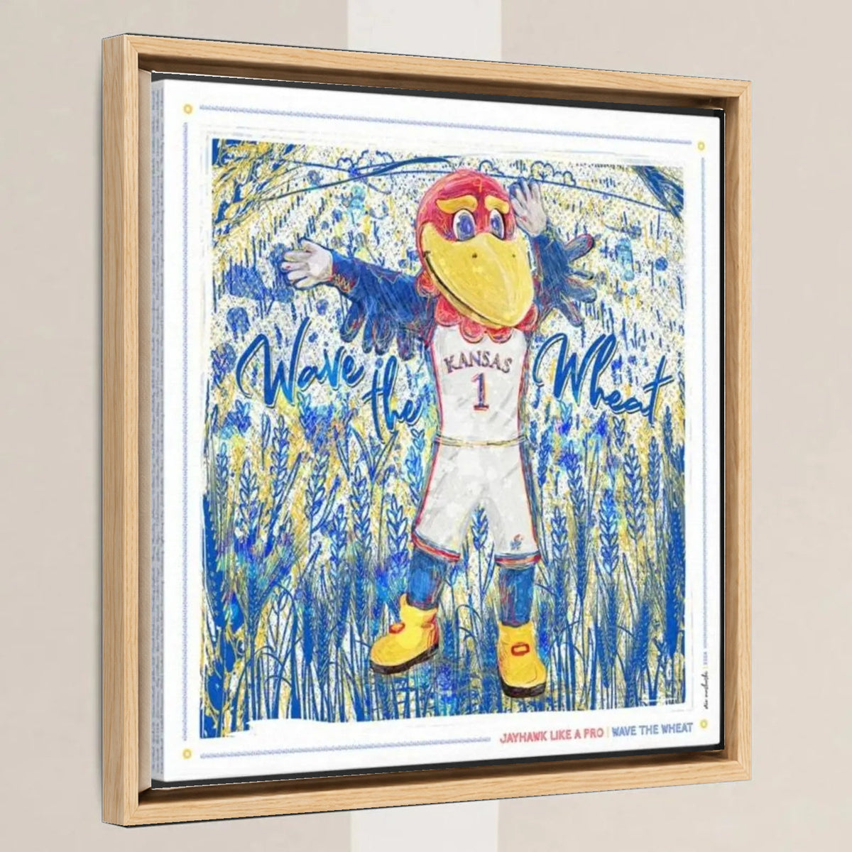 KU Jayhawk Wave the Wheat Art: University of Kansas Sketches Canvas Print in a light oak float frame