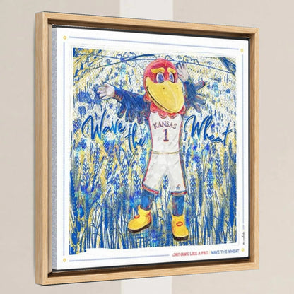 KU Jayhawk Wave the Wheat Art: University of Kansas Sketches Canvas Print in a light oak float frame