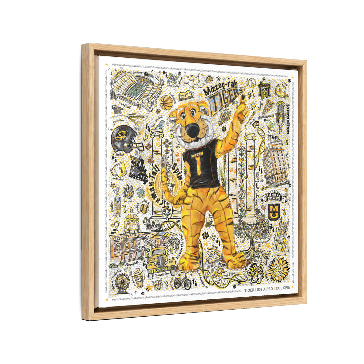 MU Mizzou Truman Tiger Tail Spin Line Art: University of Missouri Canvas Print in a light oak float frame
