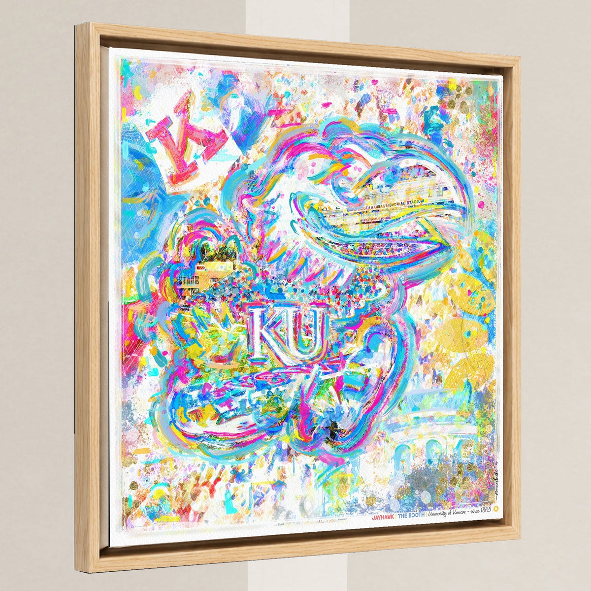 KU Jayhawk Art: Kansas Memorial Stadium Canvas Print in a light oak float frame
