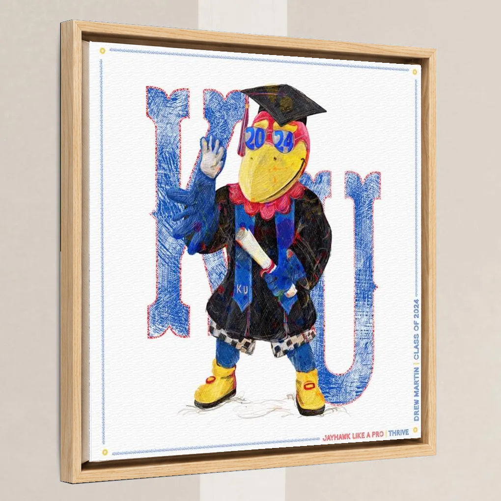 KU Personalized Jayhawk Wall Art: Graduation Canvas Print in a light oak float frame
