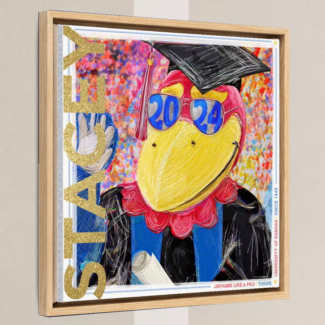 KU Personalized Kansas Jayhawks Graduation Canvas Print: Student Art Gift in a light oak float frame