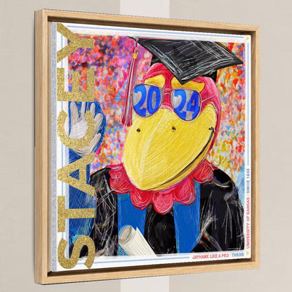 KU Personalized Kansas Jayhawks Graduation Canvas Print: Student Art Gift in a light oak float frame