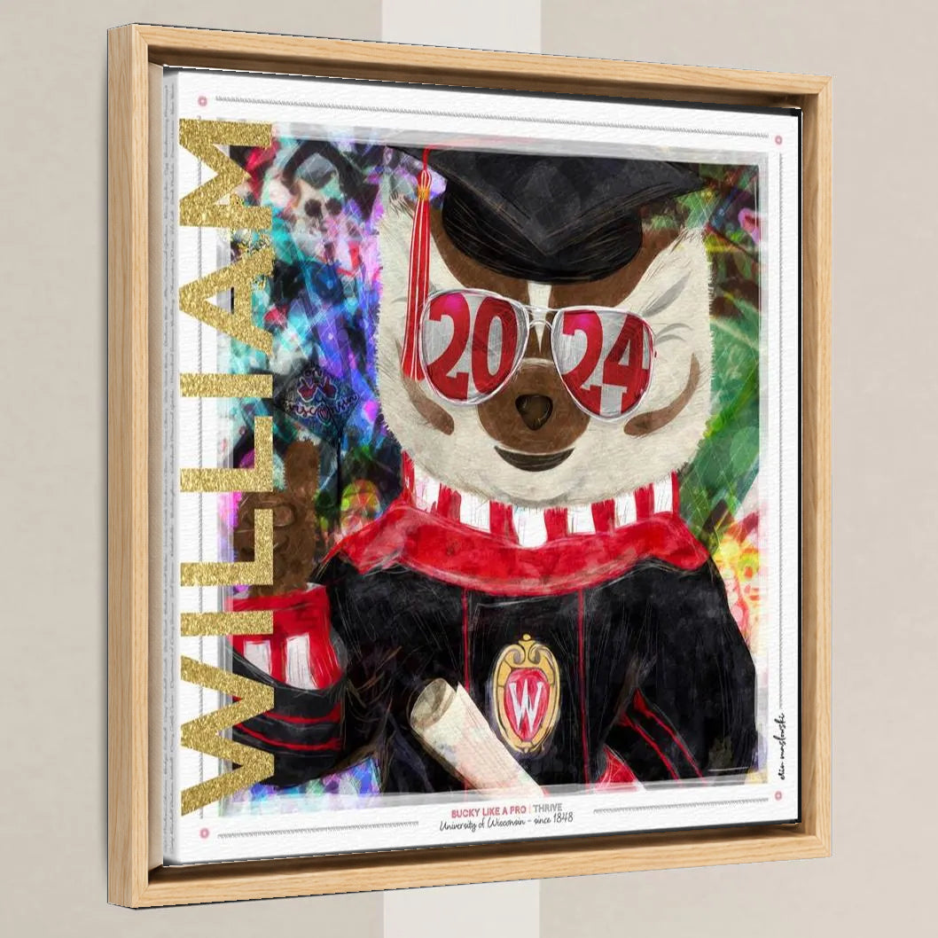 UW Personalized Bucky Badger Graduation Canvas Print in a light oak float frame