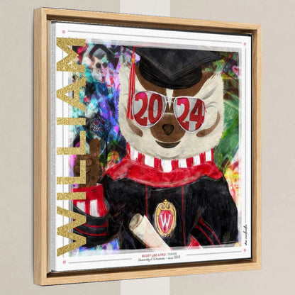 UW Personalized Bucky Badger Graduation Canvas Print in a light oak float frame