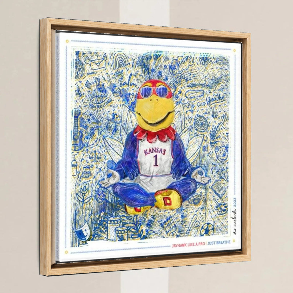 KU Jayhawk Just Breathe Art: University of Kansas Sketches Canvas Print in a light oak float frame