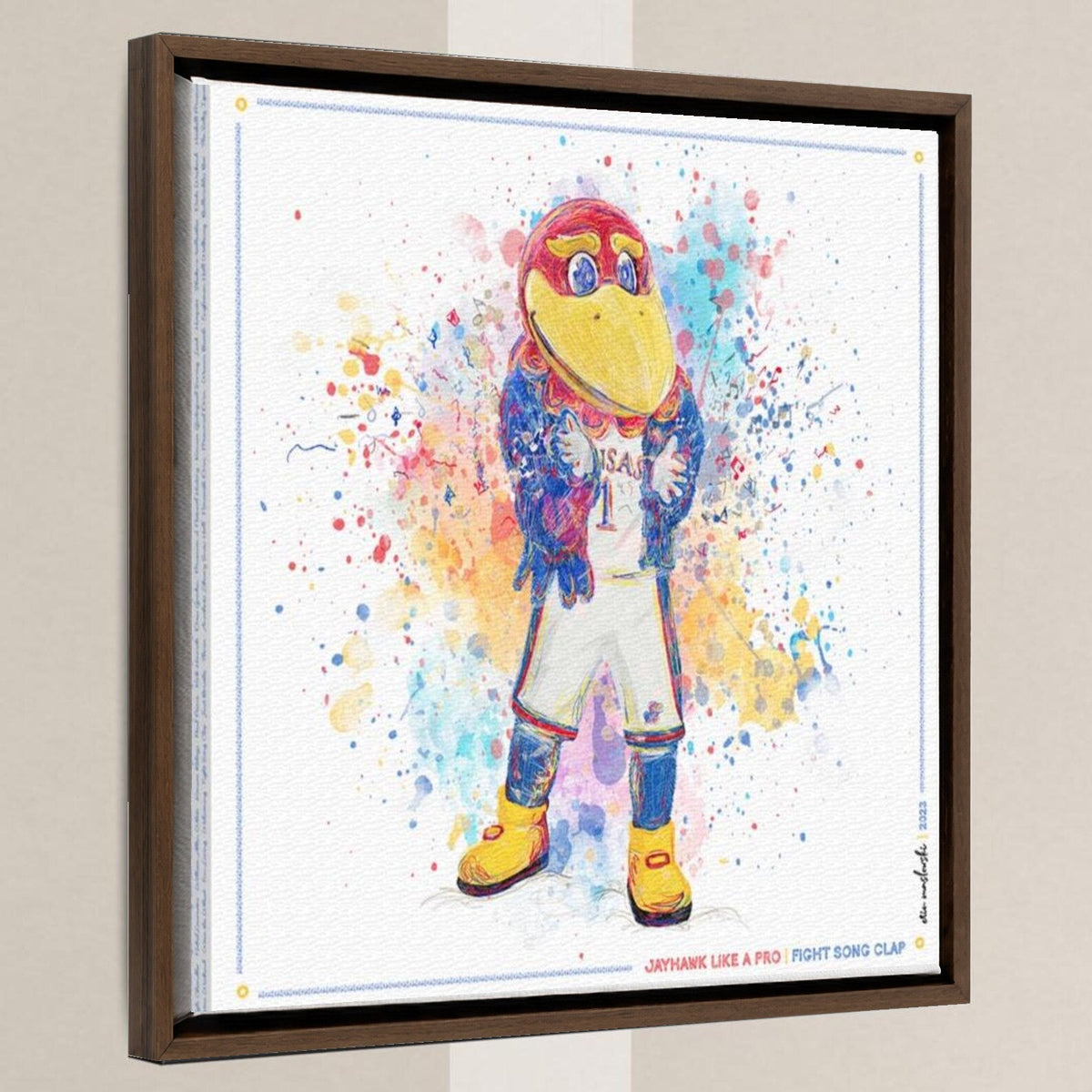 KU Jayhawk Fight Song Clap Art: Kansas University Splatter Paint Canvas Print in a walnut float frame