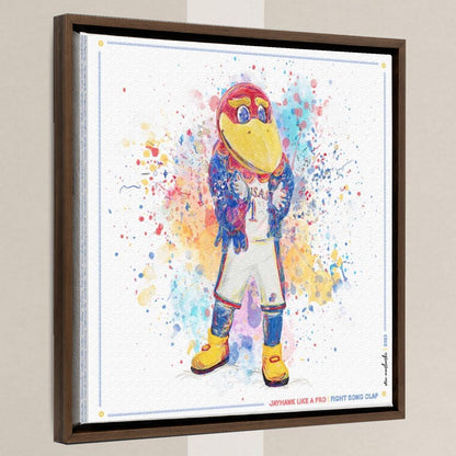 KU Jayhawk Fight Song Clap Art: Kansas University Splatter Paint Canvas Print in a walnut float frame