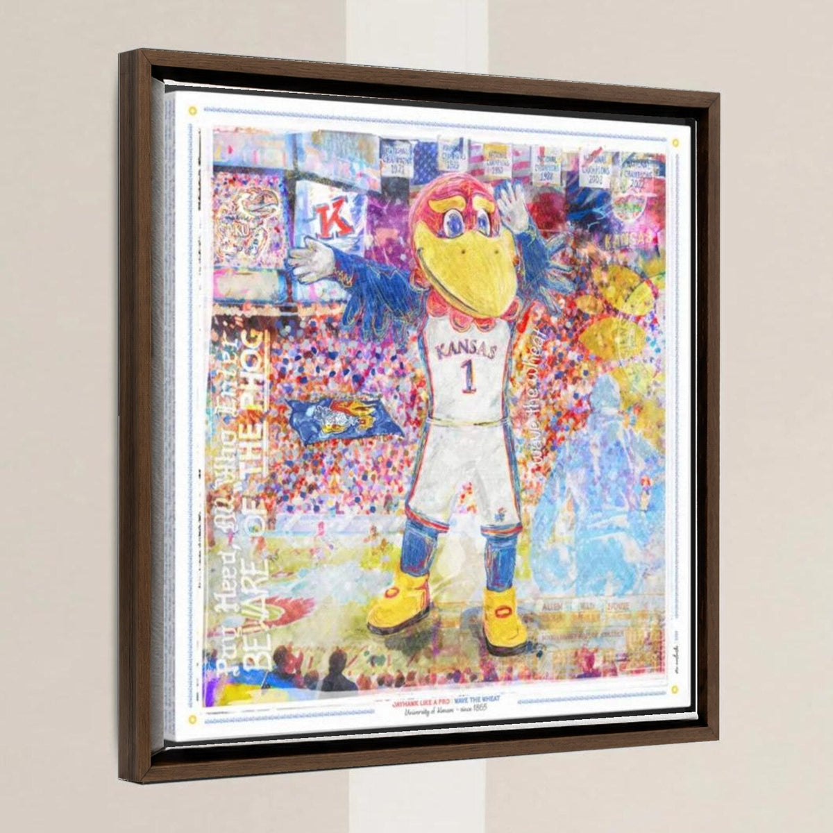 KU Jayhawk Wave the Wheat Art: University of Kansas Allen Fieldhouse Canvas Print in a walnut float frame