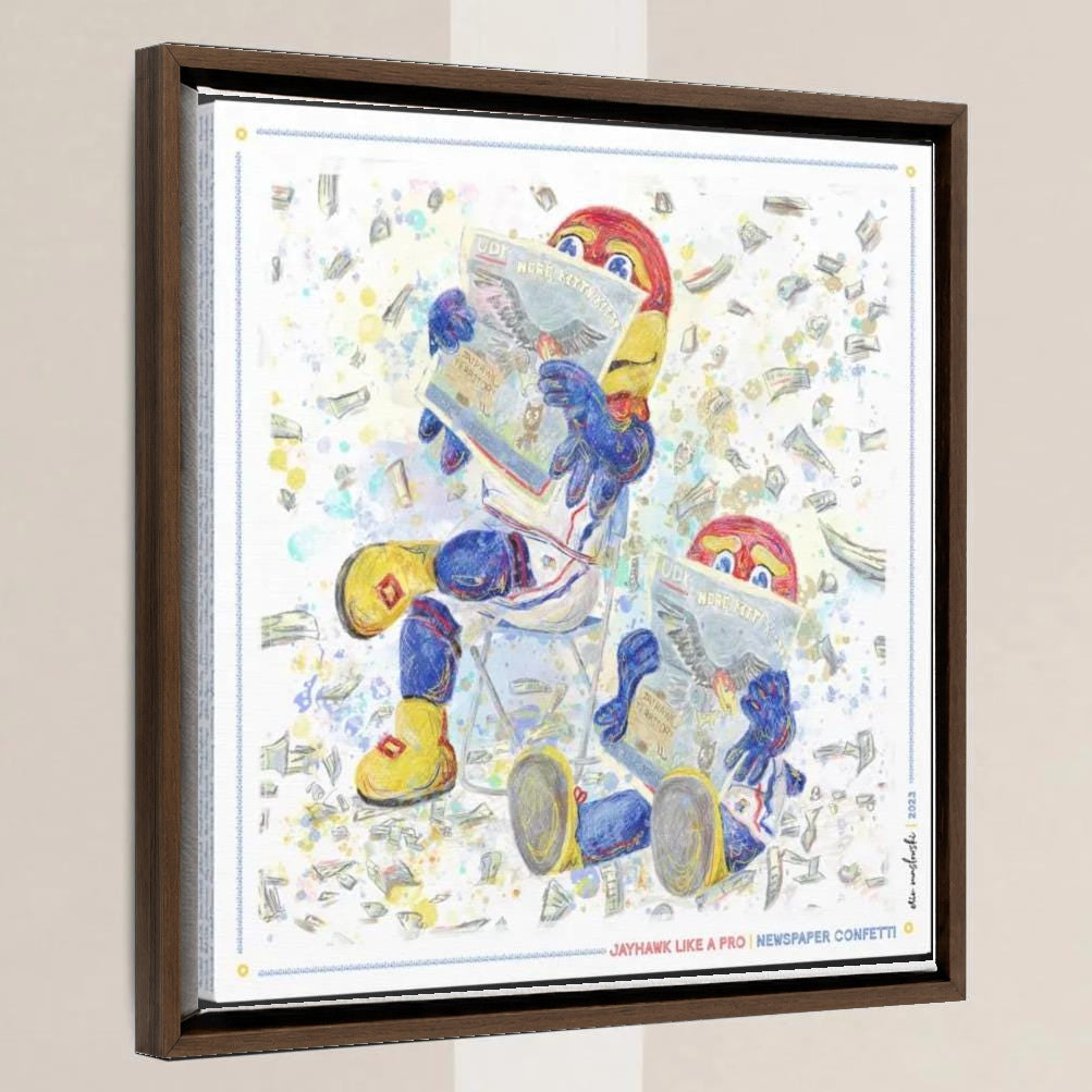 KU Jayhawk Newspaper Confetti Art: Kansas University Canvas Print in a walnut float frame