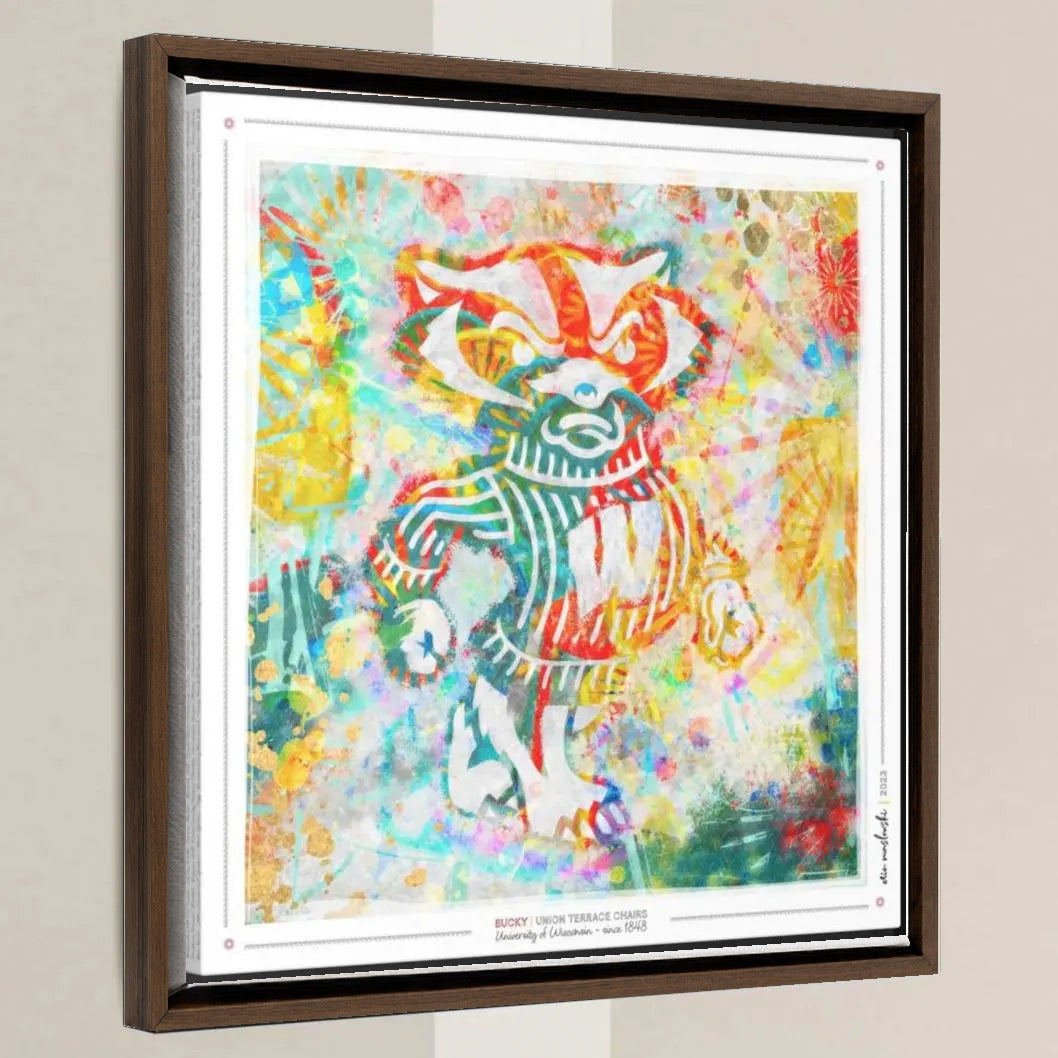 UW Bucky Badger Union Terrace Chairs Art: Wisconsin Canvas Print in a walnut float frame