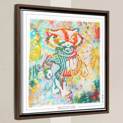 UW Bucky Badger Union Terrace Chairs Art: Wisconsin Canvas Print in a walnut float frame