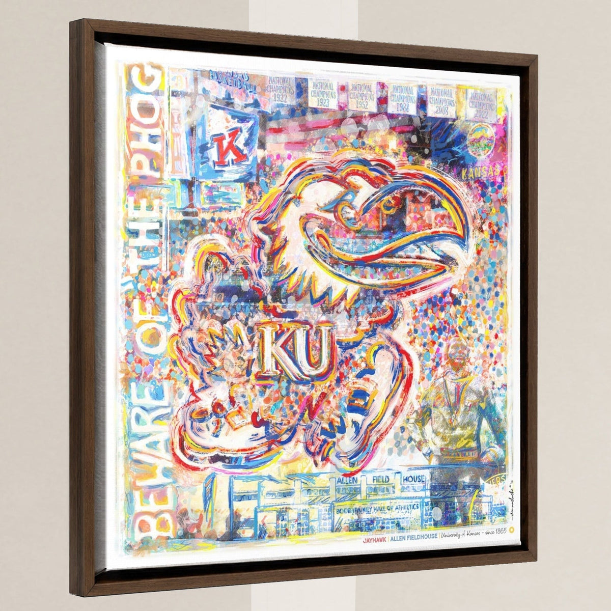 KU Jayhawk Allen Fieldhouse Art: University of Kansas Canvas Print in a walnut float frame