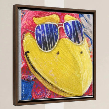 KU Jayhawk Game Day Close Up Art: University of Kansas Canvas Print in a walnut float frame