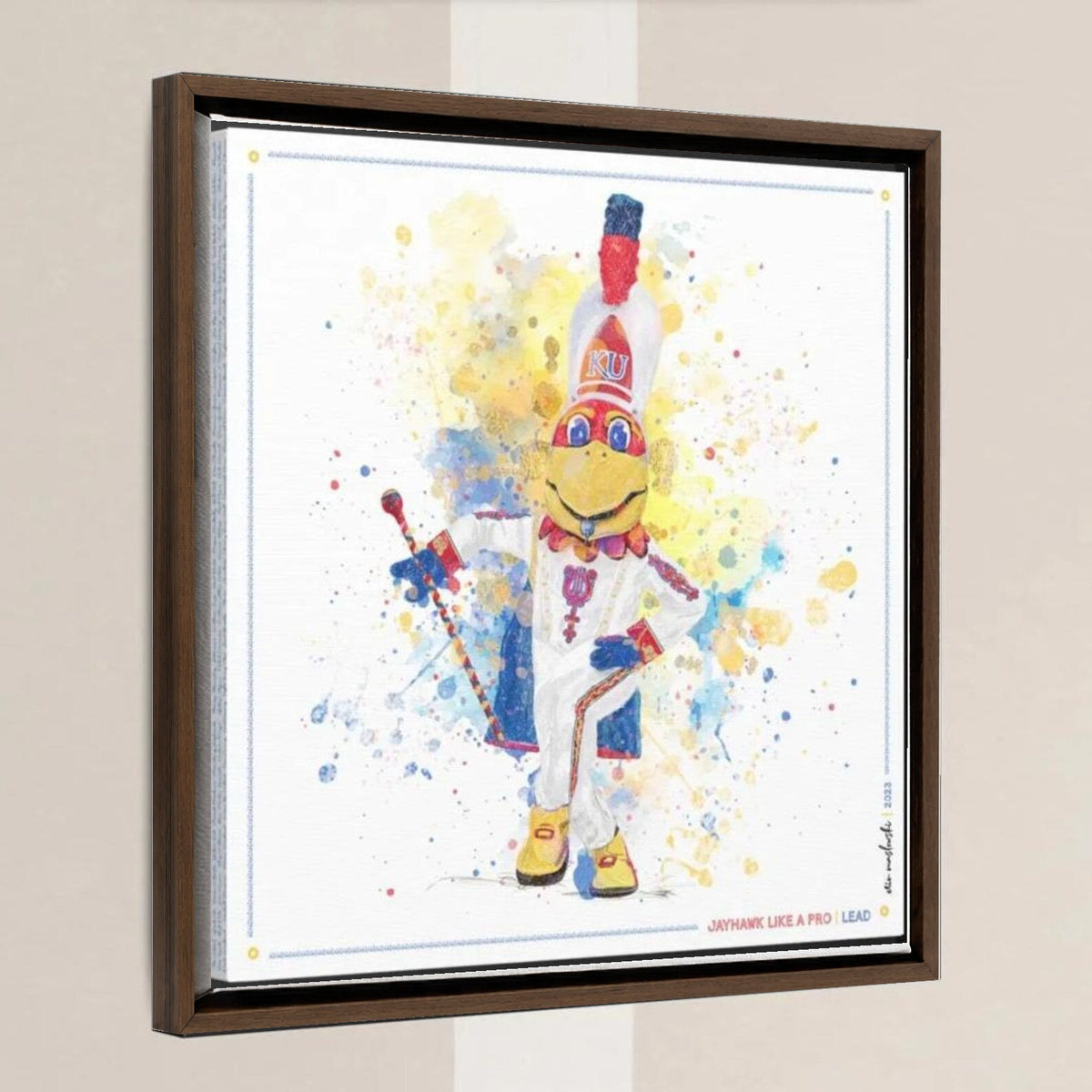 KU Jayhawk Lead Band Art: University of Kansas Canvas Print in a walnut float frame