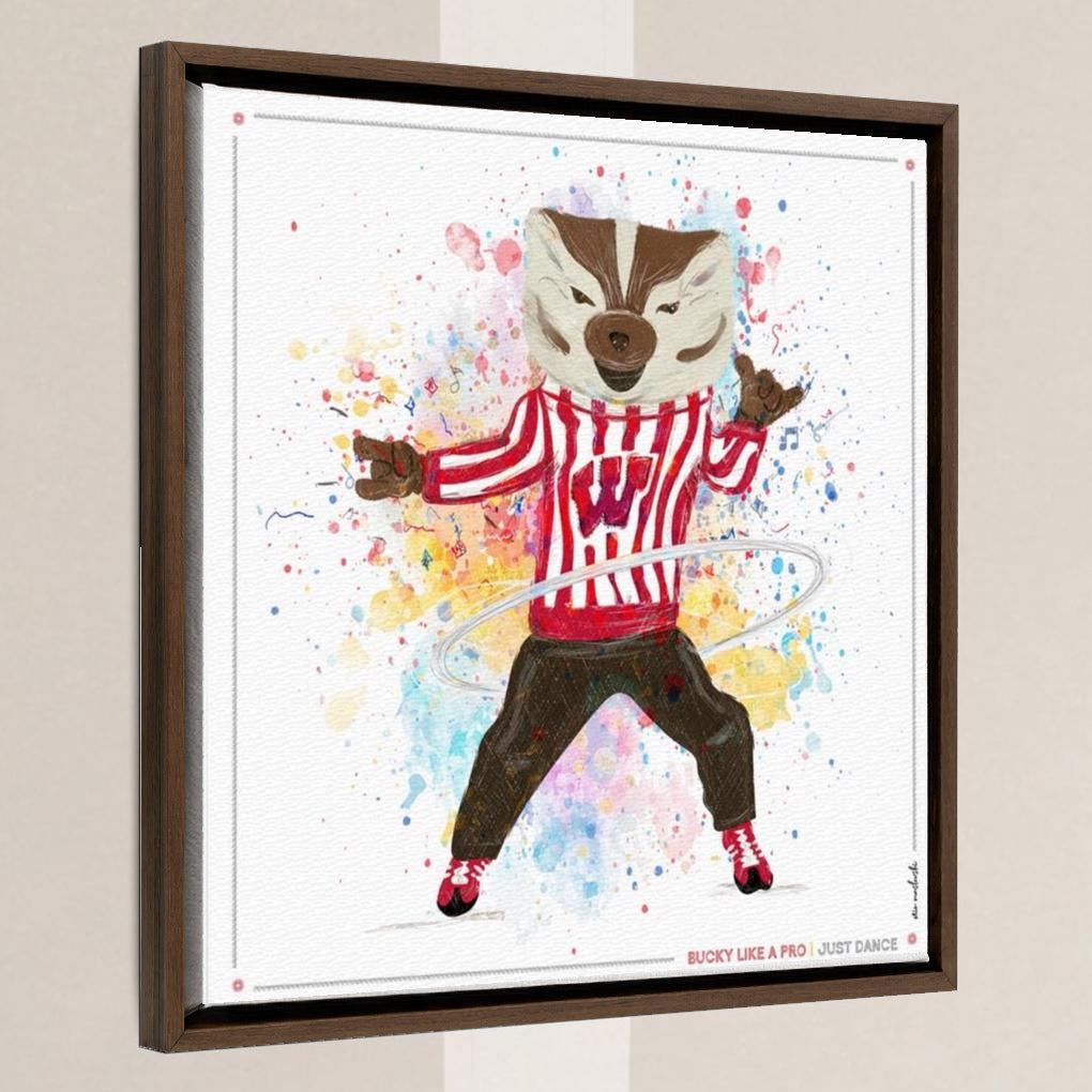 UW Bucky Badger Just Dance Art: Wisconsin Hula Hoop Canvas Print in a walnut float frame