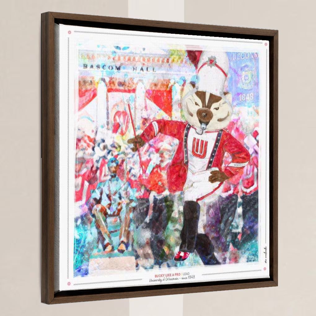 UW Bucky Badger Drum Major Art: Wisconsin Band Lead Bascom Hall Parade Canvas Print in a walnut float frame