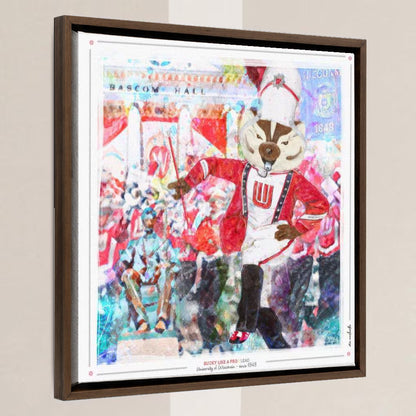 UW Bucky Badger Drum Major Art: Wisconsin Band Lead Bascom Hall Parade Canvas Print in a walnut float frame