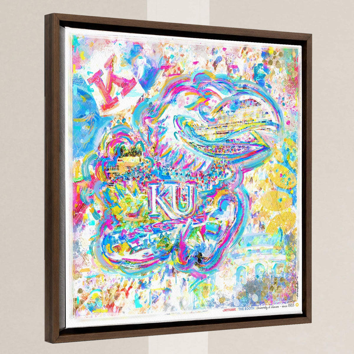 KU Jayhawk Art: Kansas Memorial Stadium Canvas Print in a walnut float frame
