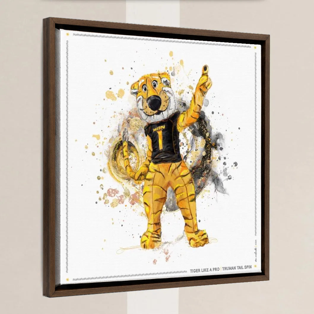 MU Mizzou Truman the Tiger Tail Art: University of Missouri Splatter Paint Canvas Print in a walnut float frame