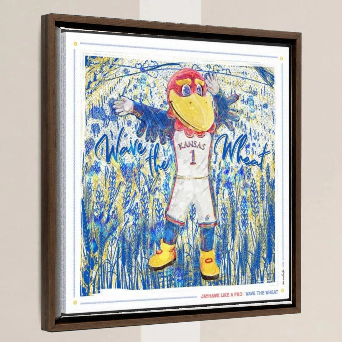 KU Jayhawk Wave the Wheat Art: University of Kansas Sketches Canvas Print in a walnut float frame