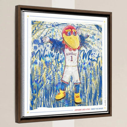 KU Jayhawk Wave the Wheat Art: University of Kansas Sketches Canvas Print in a walnut float frame