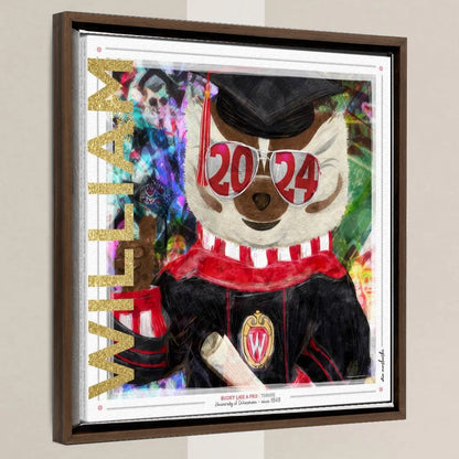 UW Personalized Bucky Badger Graduation Canvas Print in a walnut float frame