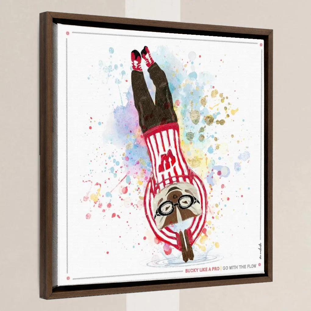 UW Bucky Badger Go with the Flow Art: Wisconsin Diving Canvas Print in a walnut float frame