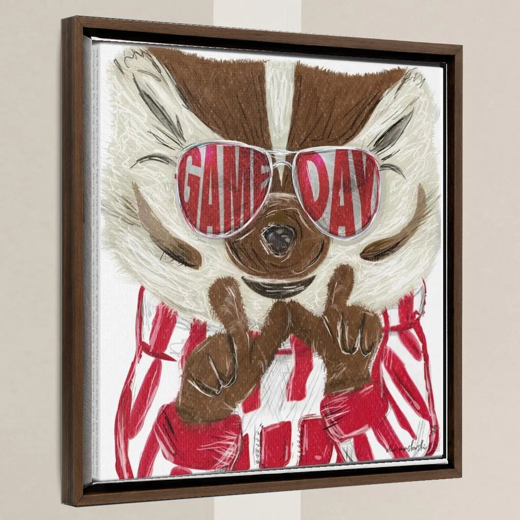 UW Bucky Badger Game Day Art: Wisconsin "Throw the W" Canvas Print in a walnut float frame