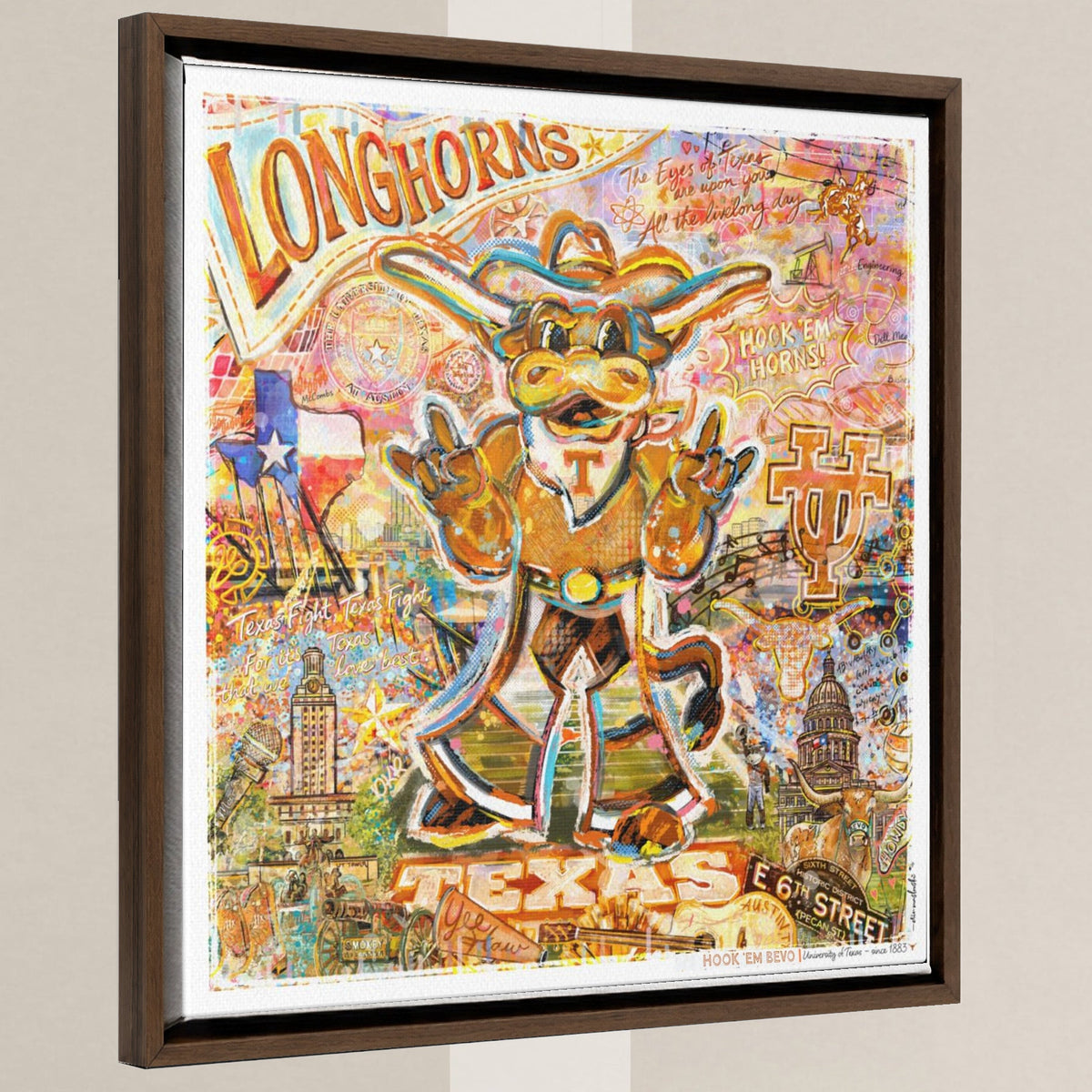 University of Texas at Austin Longhorns | UT | Hook ‘Em | Bevo in a walnut float frame
