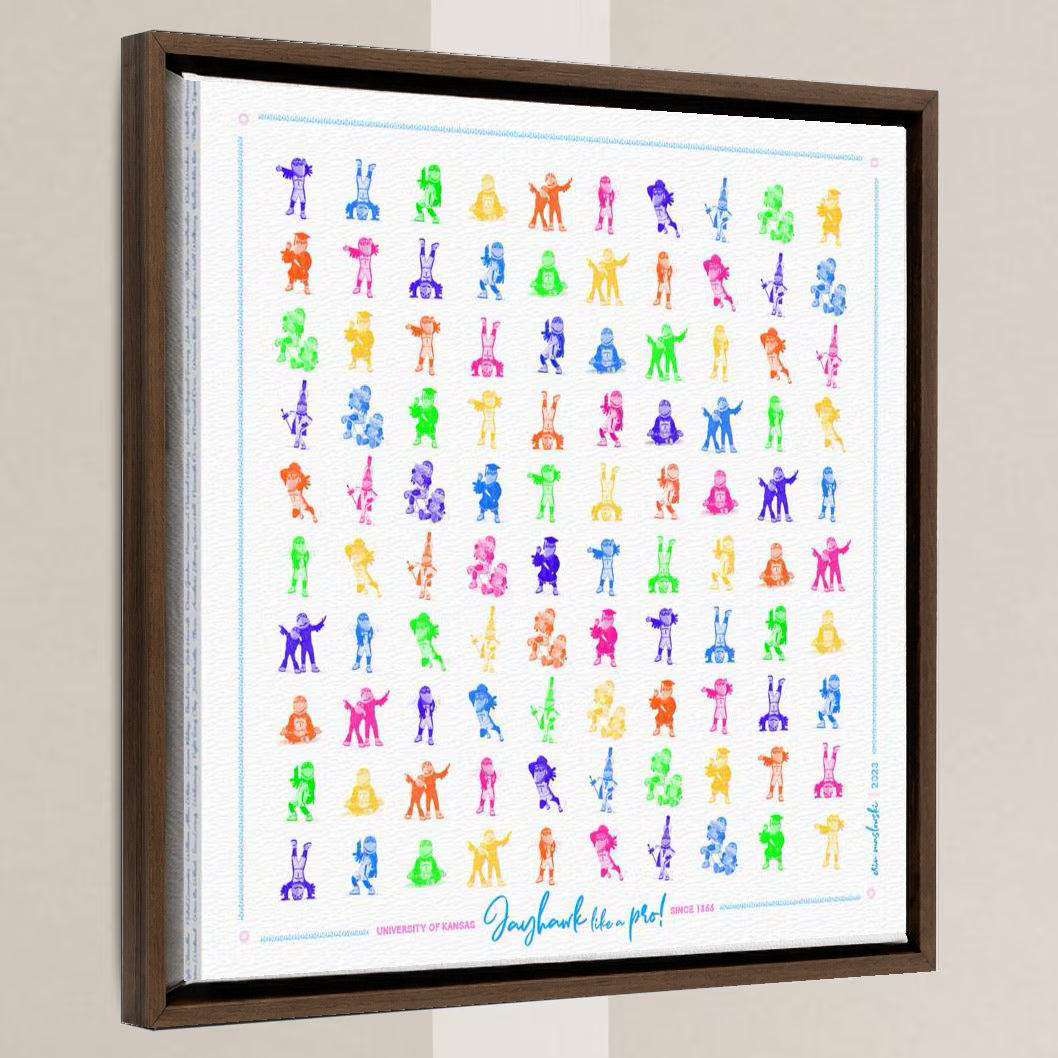 KU Jayhawk Pattern Art: Kansas Bright Canvas Print in a walnut float frame