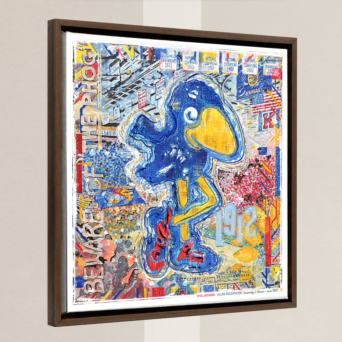 KU 1912 Jayhawk Art: Kansas University Allen Fieldhouse Canvas Print in a walnut float frame