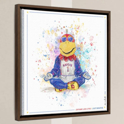 KU Jayhawk Just Breathe Art: University of Kansas Splatter Paint Canvas Print in a walnut float frame