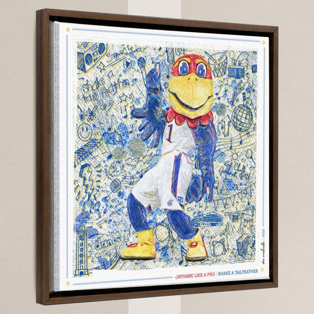 KU Jayhawk Shake-a-Tailfeather Art: University of Kansas Dance Sketches Canvas Print in a walnut float frame